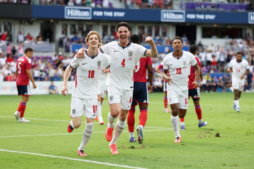 Declan Rice abriu o placar no amistoso da Inglaterra contra a Costa Rica. (Foto: Richard Pelham/Getty Images/AFP (Photo by Richard Pelham / GETTY IMAGES NORTH AMERICA / Getty Images via AFP))