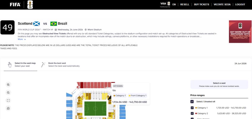 Bilhete para Escócia x Brasil no site oficial de revenda da Fifa chega a ser oferecido por US$ 143.750,00 (Reprodução)