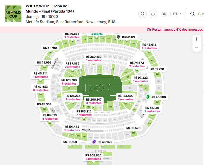 Valores de entradas para final da Copa do Mundo oferecidos em mercado paralelo (reprodução do site Viagogo.com)
