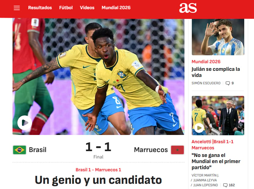 Manchete do "As" após a estreia do Brasil (Foto: Reprodução/ As)