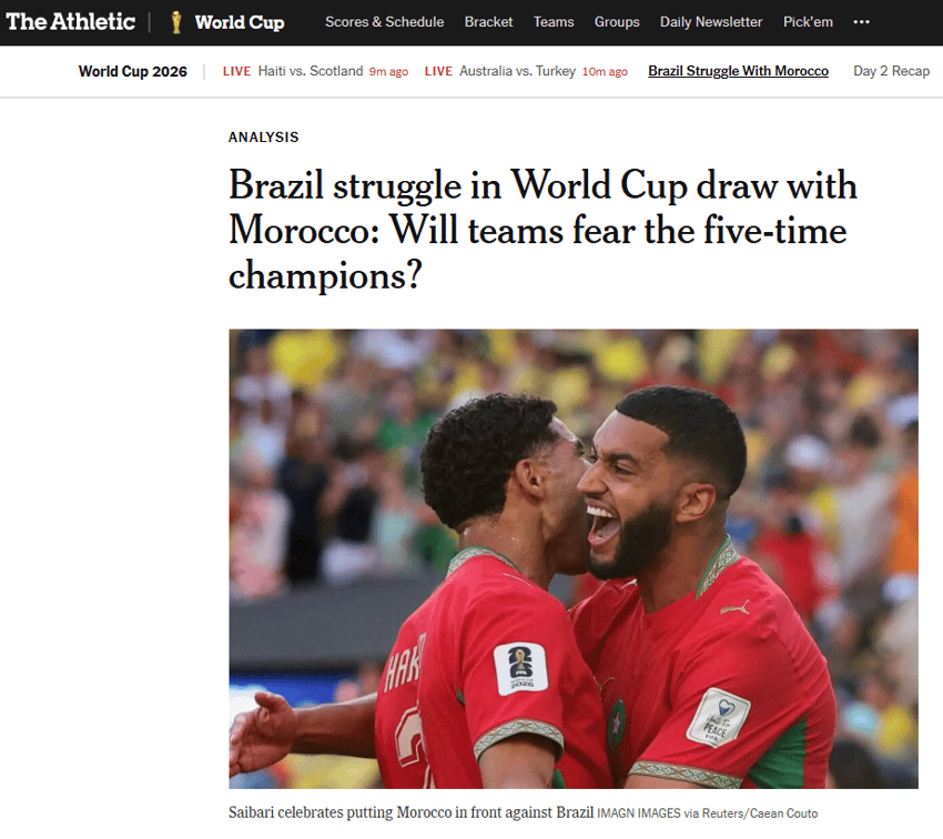 Manchete do "The Athletic" após a estreia do Brasil (Foto: Reprodução/ The Athletic)