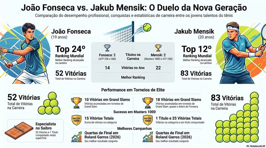  Gráfico mostra números das carreiras de João Fonseca e do tcheco Jakub Mensik (Reprodução)