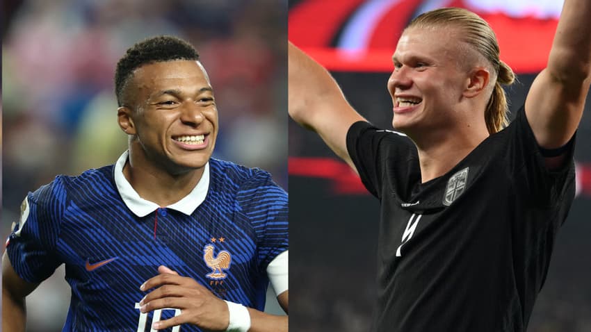Messi, Mbappé e Haaland comemorando gol
