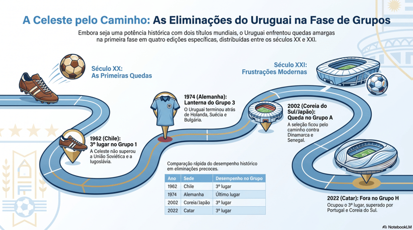 Gráfico mostra as primeiras eliminações do Uruguai na primeira fase da Copa 