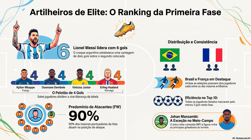 Gráfico mostra o top 10 dos artilheiros da primeira fase da Copa do Mundo 