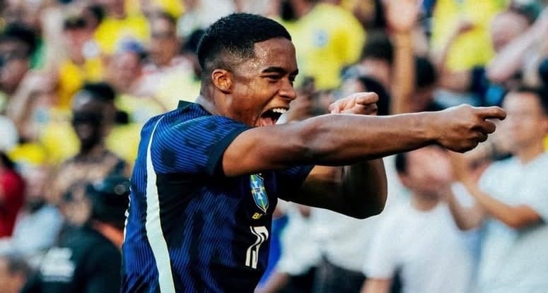 Endrick comemora gol pela Seleção Brasileira (Foto: Arquivo pessoal / Endrick)
