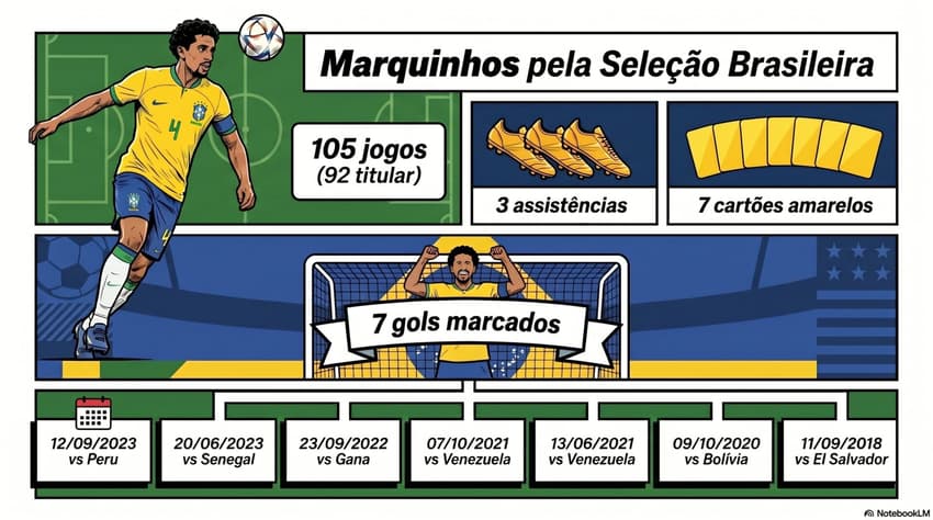 Infográfico com números de Marquinhos pela Seleção Brasileira