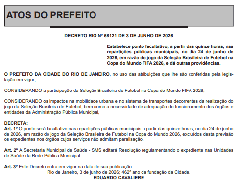 Diário Oficial do Município do Rio de Janeiro formaliza ponto facultativo em razão de Brasil x Escócia pela Copa do Mundo (Foto: Reprodução)