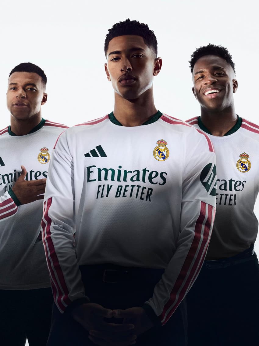 Vini Jr, Mbappé e Bellingham com o novo uniforme do Real Madrid (Foto: Reprodução)