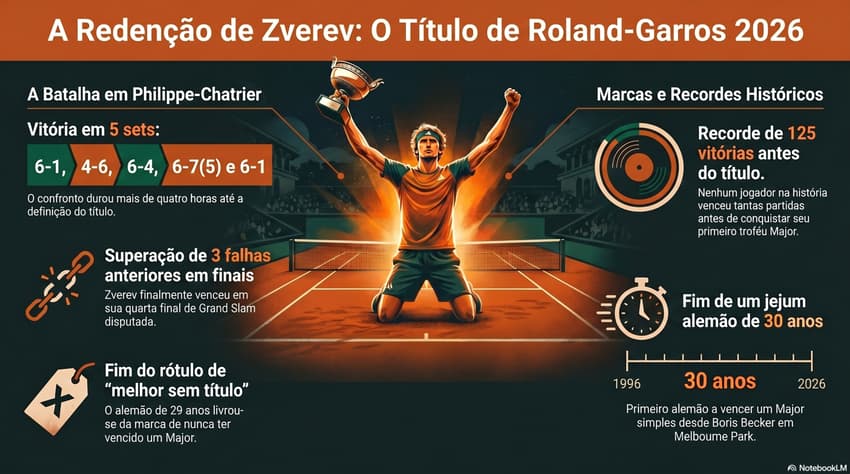 Gráfico mostra feitos do alemão Alexander Zverev, campeão de Roland Garros em 2026 (Reprodução)