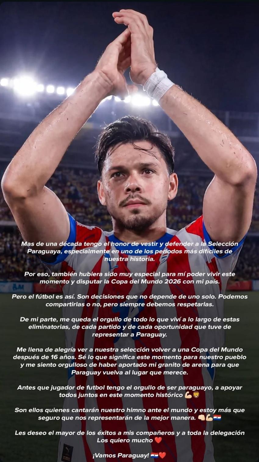 Publicação de Ángel Romero após não ser convocado pela seleção do Paraguai (Imagem: Reprodução)