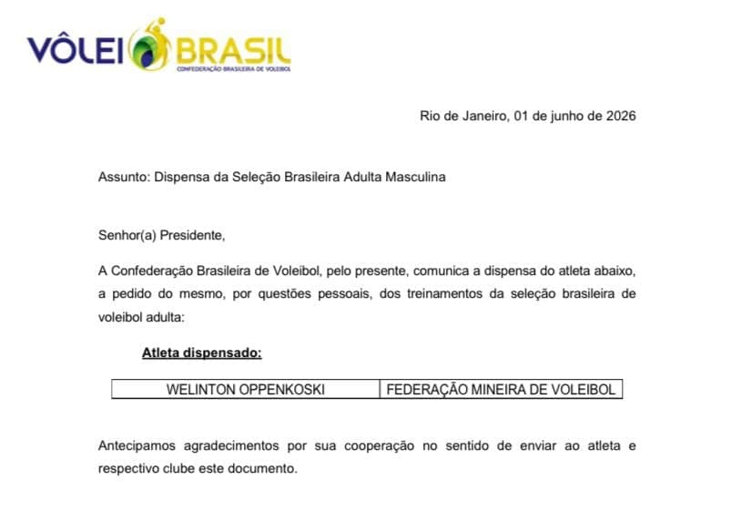 CBV comunica dispensa de Oppenkoski dos treinos da Seleção Brasileira (Foto: Reprodução)