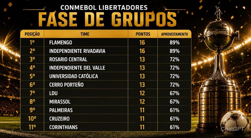 Os primeiros colocados da fase de grupos da Libertadores (Foto: Arte Lance!/Chatgtp)