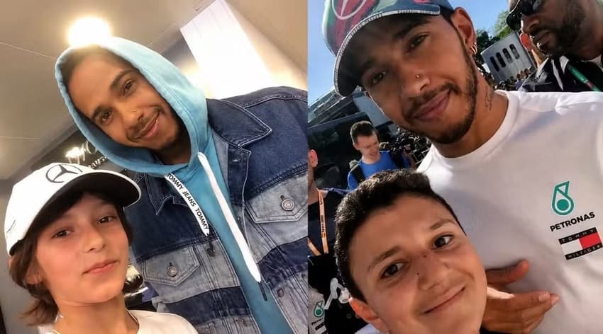 Kimi Antonelli e Isack Hadjar, anos antes da F1, em fotos com Lewis Hamilton (Foto: Reprodução/X)