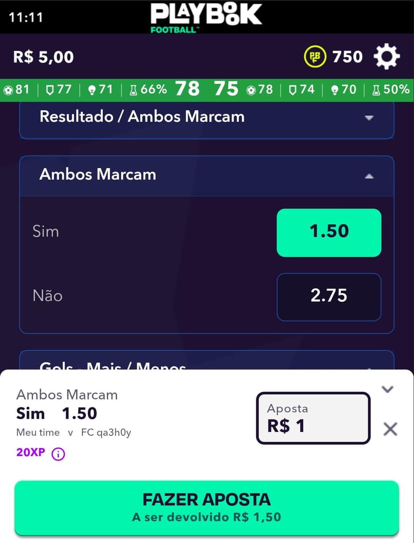 Captura de tela de uma aposta no Playbook Football na bet365.