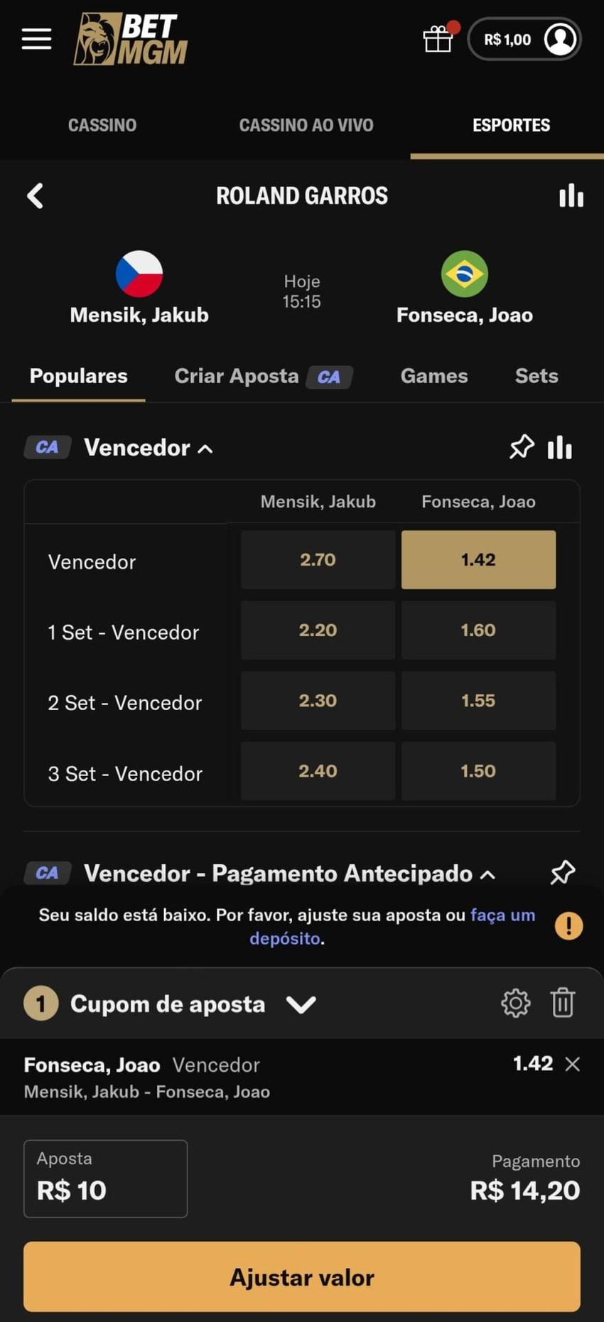 Captura de tela de uma aposta no BetMGM App para Android.