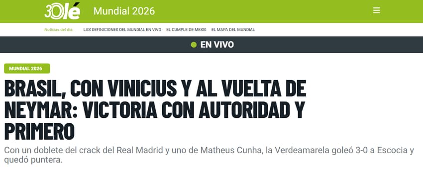 Manchete do Olé, da Argentina, destaca atuação de Vini Jr em Brasil e Escócia pela Copa do Mundo de 2026