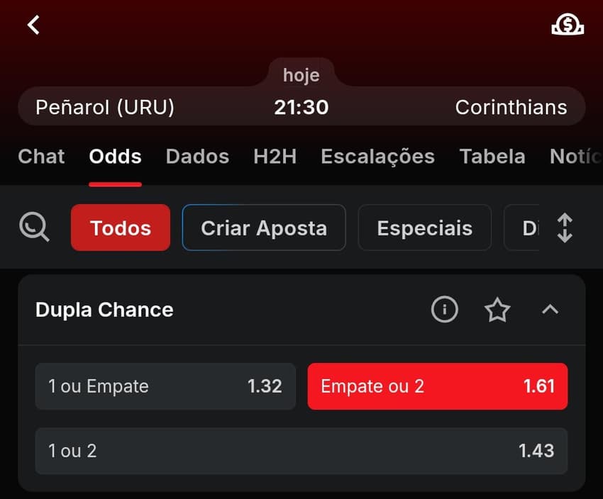 Captura de tela do mercado de apostas Chance Dupla na Superbet.