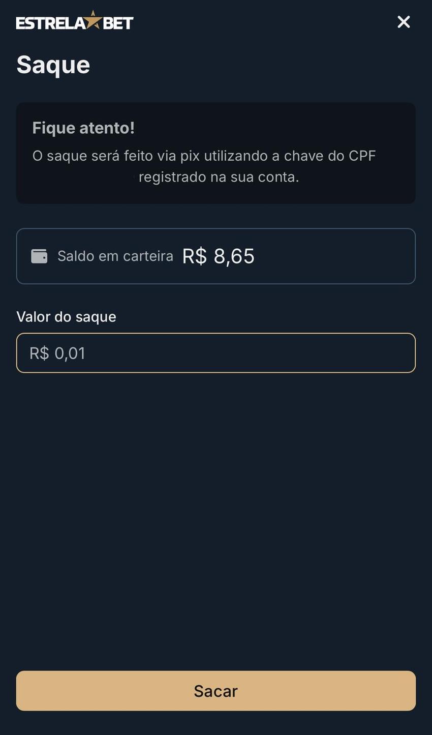 Captura da tela de saque na Estrela Bet.