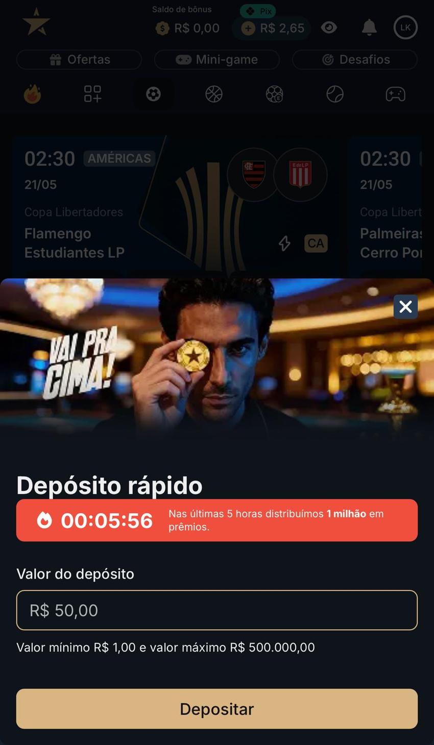 Captura da tela de depósito mínimo na Estrela Bet.