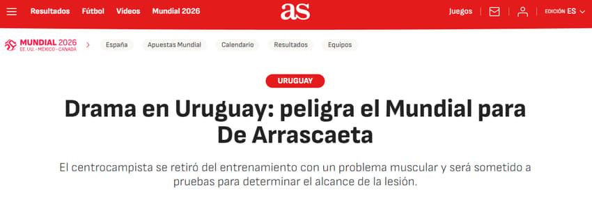 AS (Espanha): Drama no Uruguai: as esperanças de De Arrascaeta na Copa do Mundo estão em risco