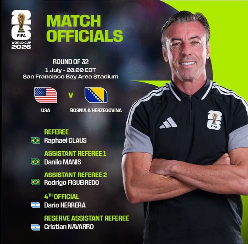 Tweet da Fifa anunciando Raphael Claus como árbitro principal do jogo entre EUA e Bósnia, pela segunda fase da Copa.