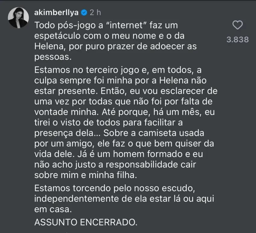 Amanda Kimberlly se pronuncia sobre Helena não estar na Copa com Neymar