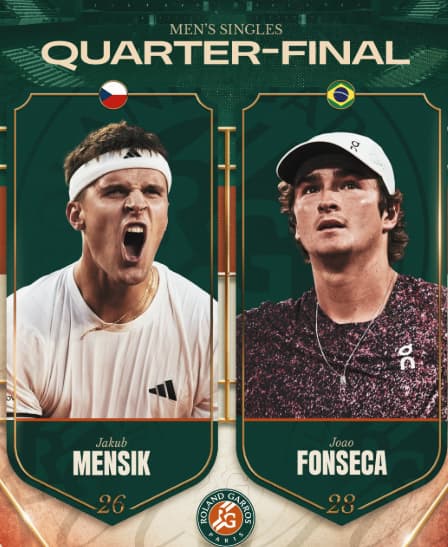 João Fonseca e Jakub Mensik se enfrentam nas quartas em Roland Garros (Reprodução)