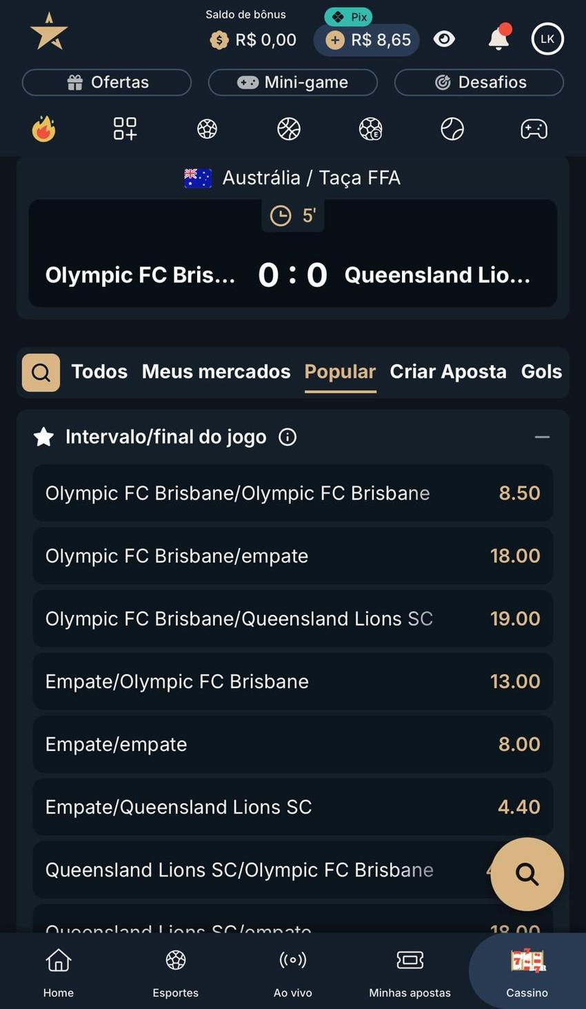 Captura da tela de apostas em Intervalo/Final do jogo na Estrela Bet.