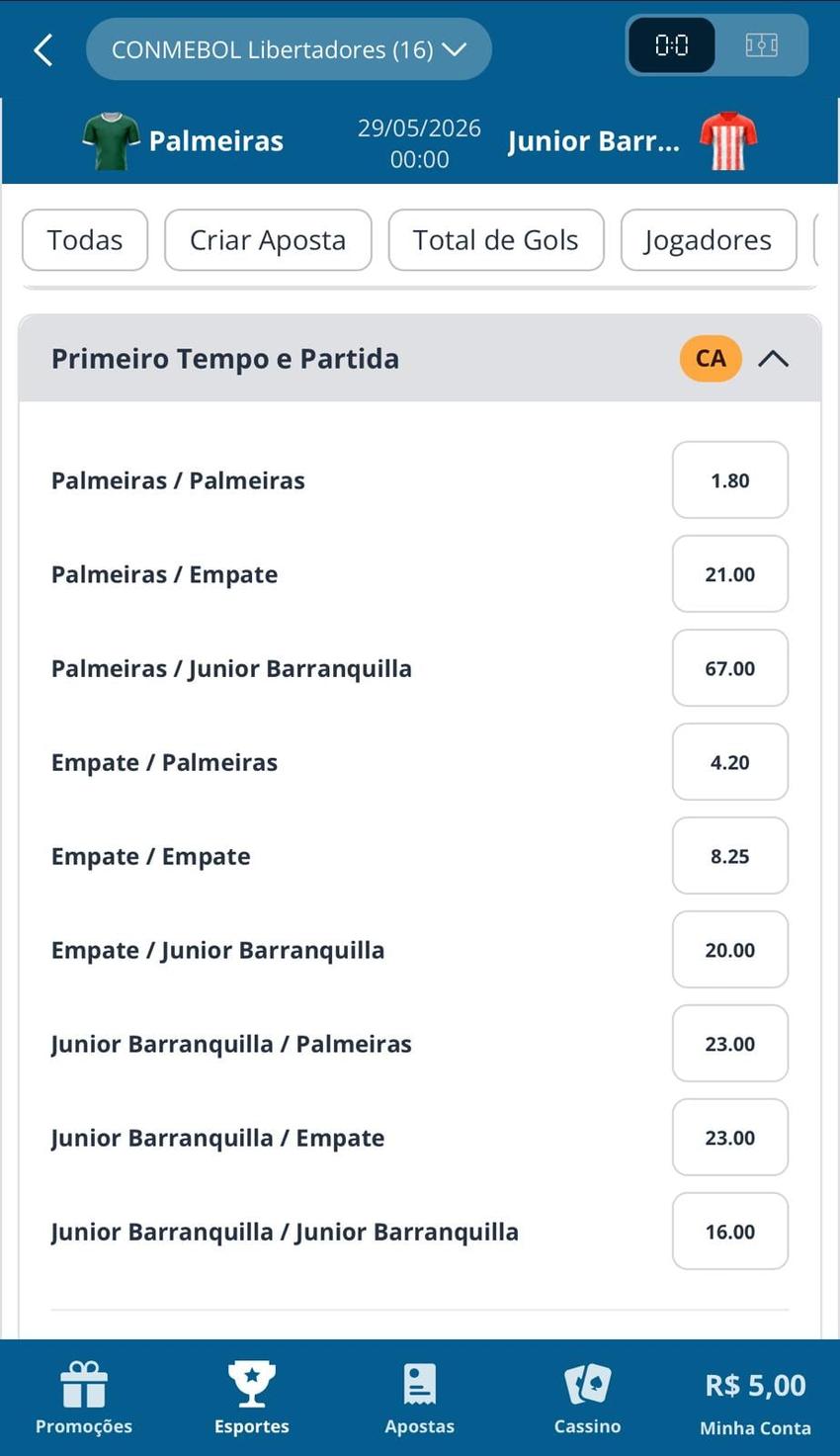 Captura da tela de apostas em Intervalo/Final do jogo com o Criar Aposta na Sportingbet.