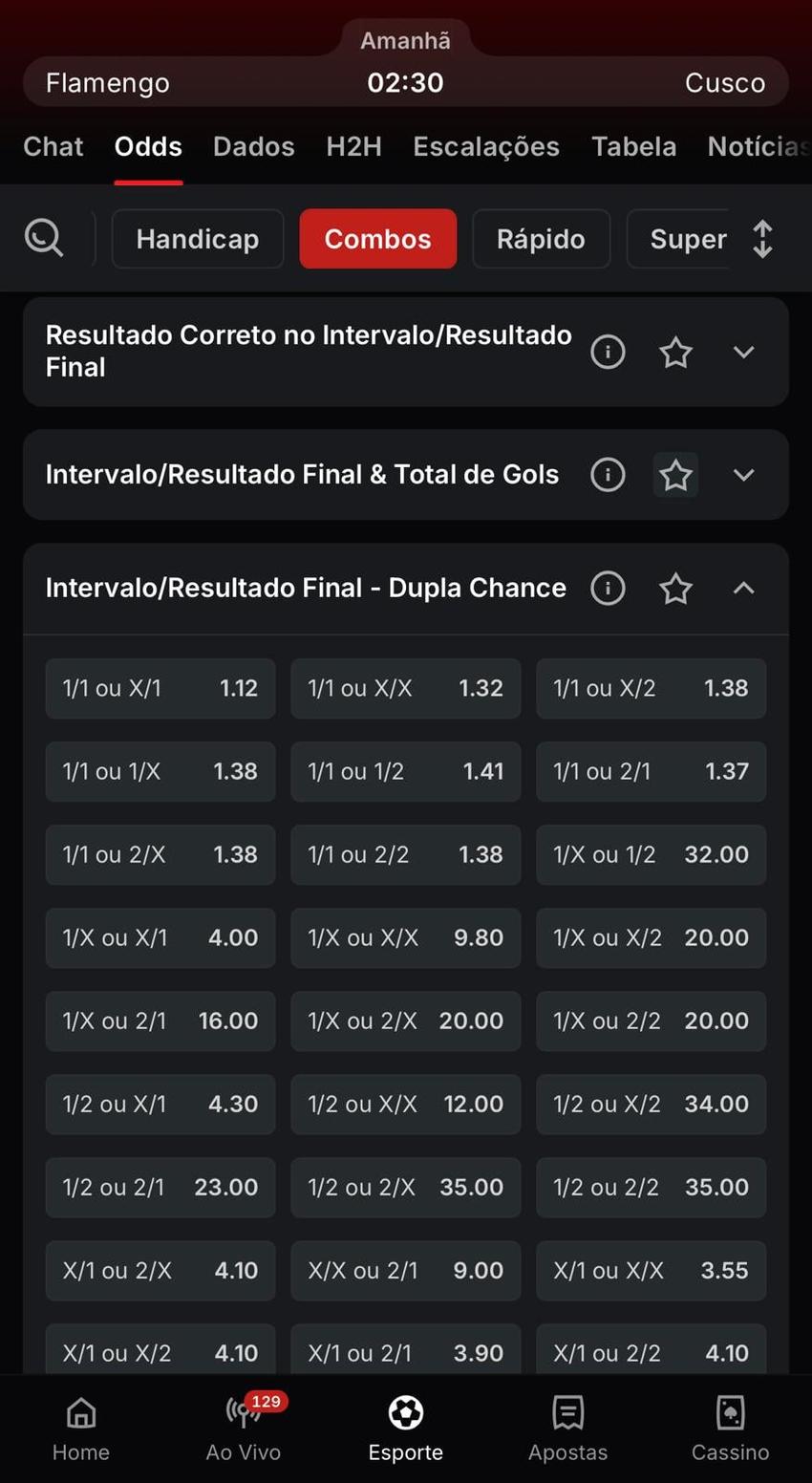 Captura da tela de apostas em Intervalo/Final do jogo na Superbet.