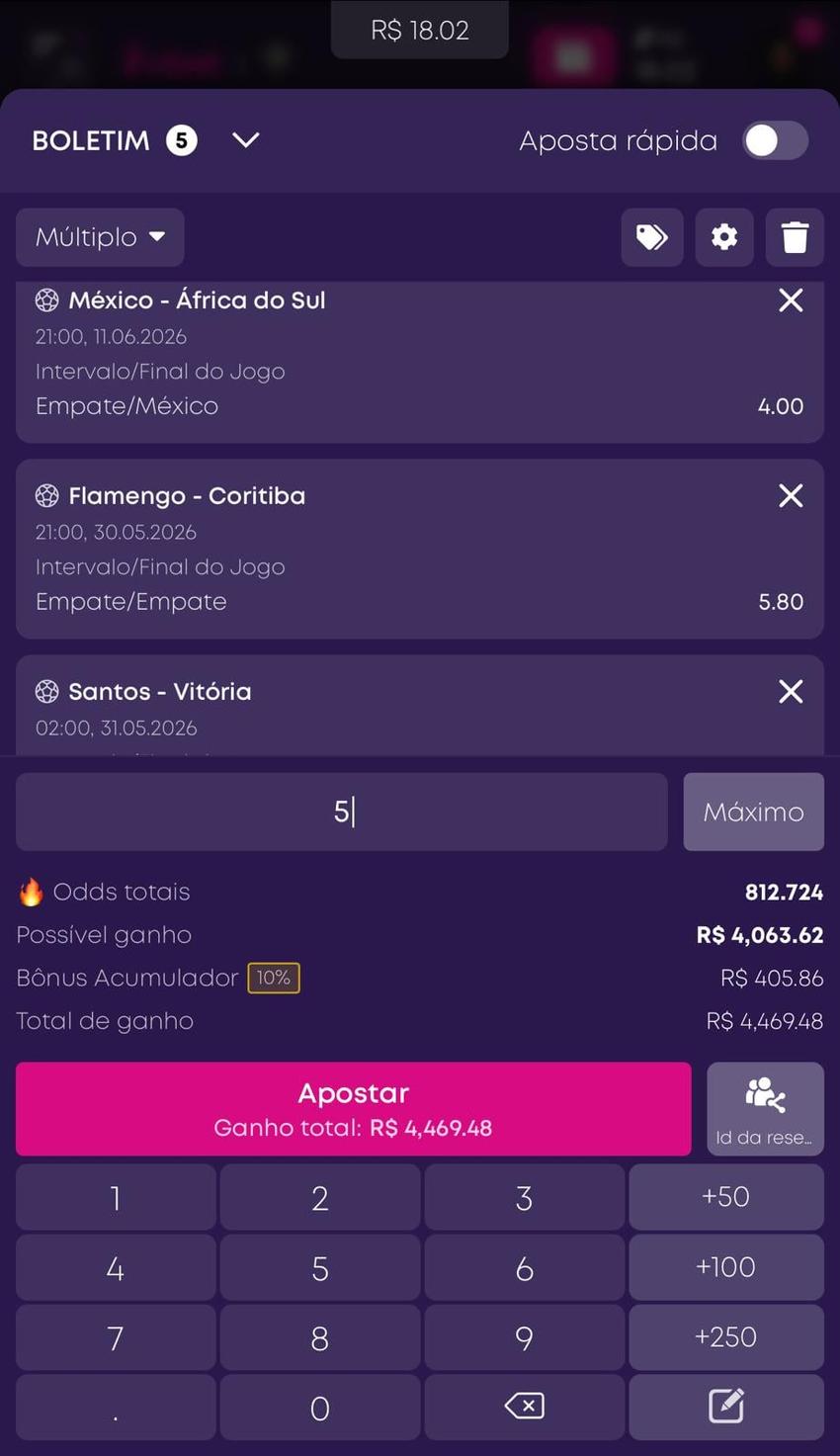 Captura da tela de apostas múltiplas em Intervalo/Final na Vbet.
