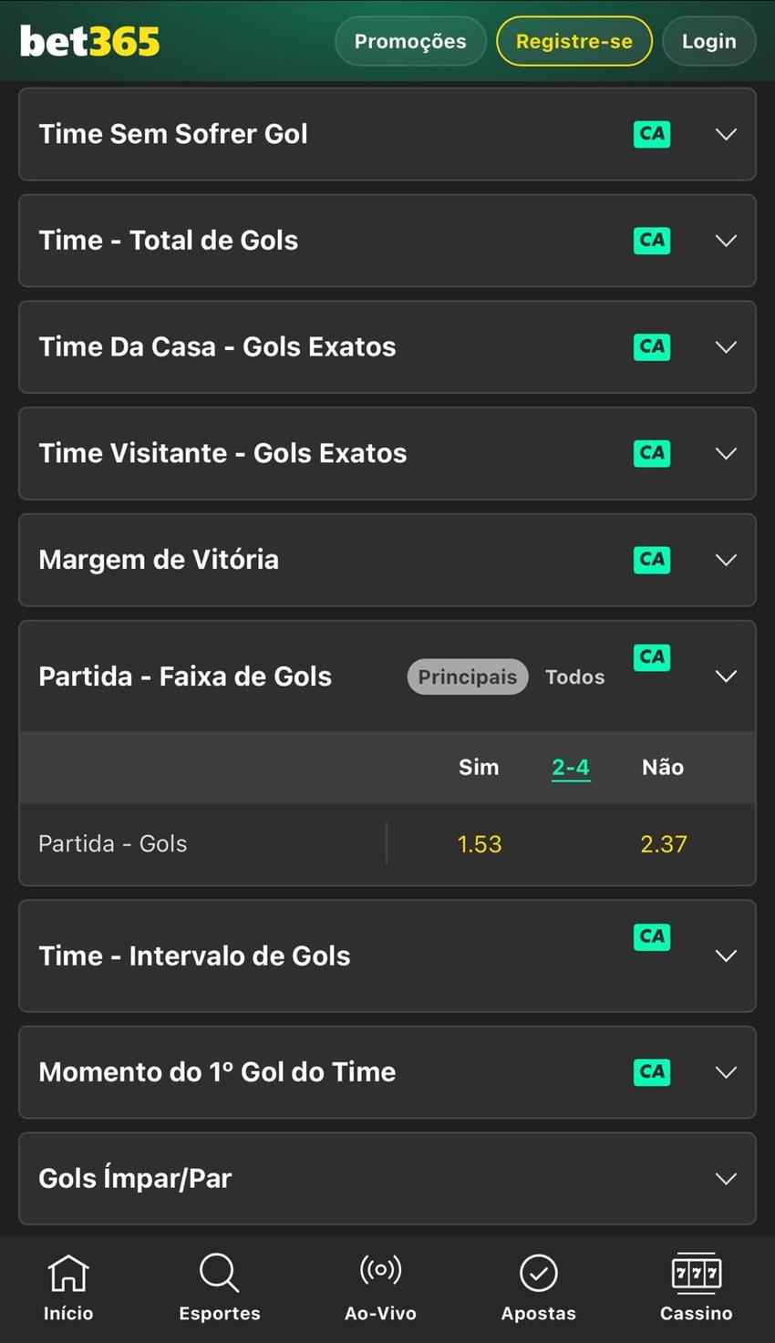 Captura de tela exibe as linhas de Over/Under disponíveis no Criar Aposta da bet365.