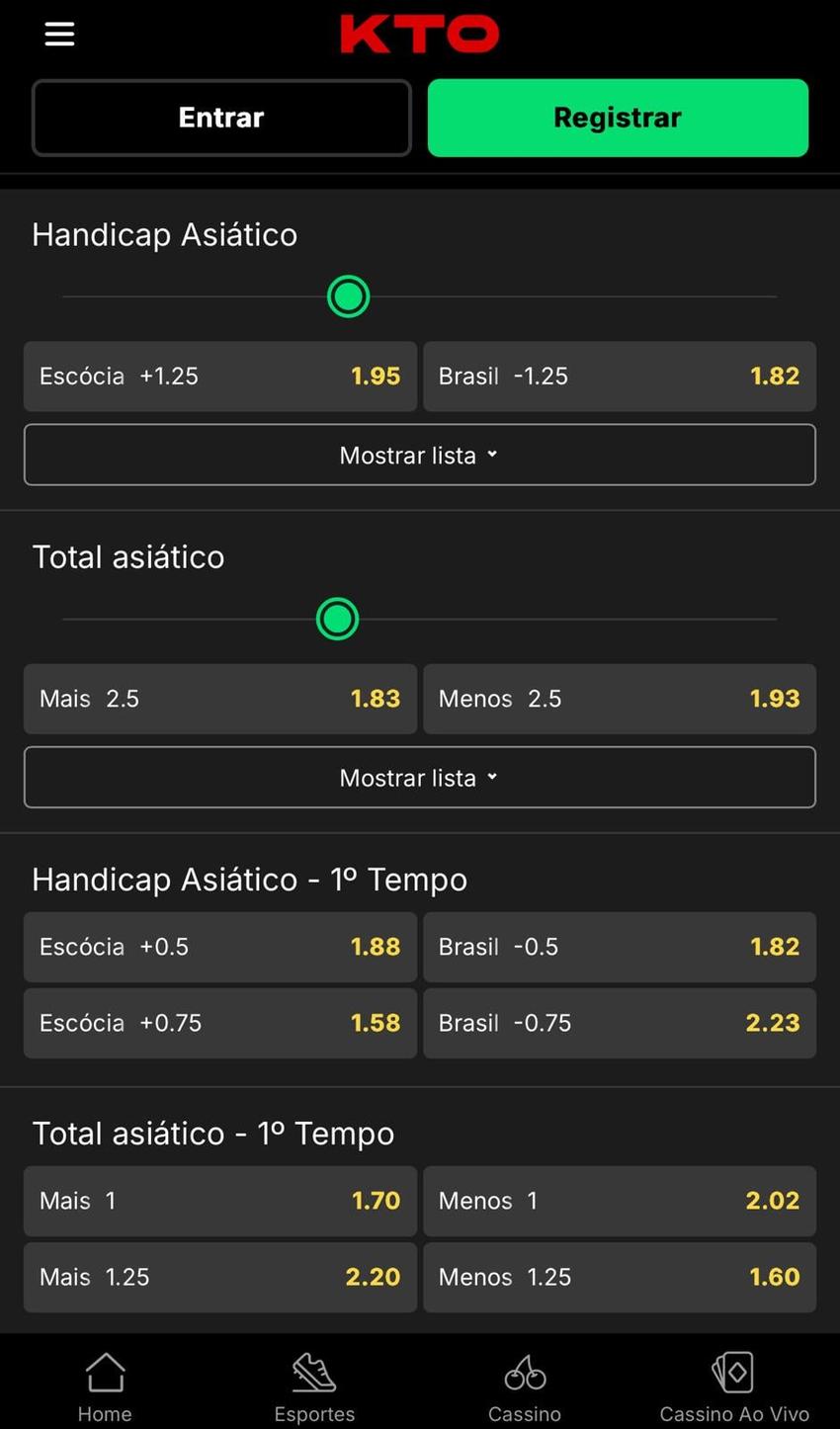 Captura de tela exibe os mercados asiáticos de Over e Under na KTO.