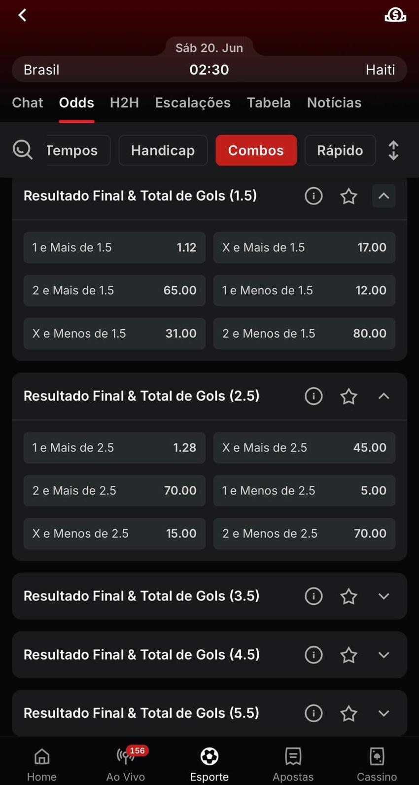 Captura de tela mostra as combinações de Over e Under disponíveis na Superbet.