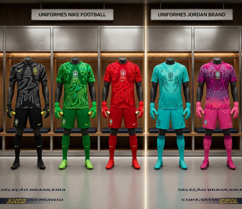 Projeção dos uniformes de goleiro da Seleção para a Copa do Mundo de 2026 (Foto: Arte/Lance!)