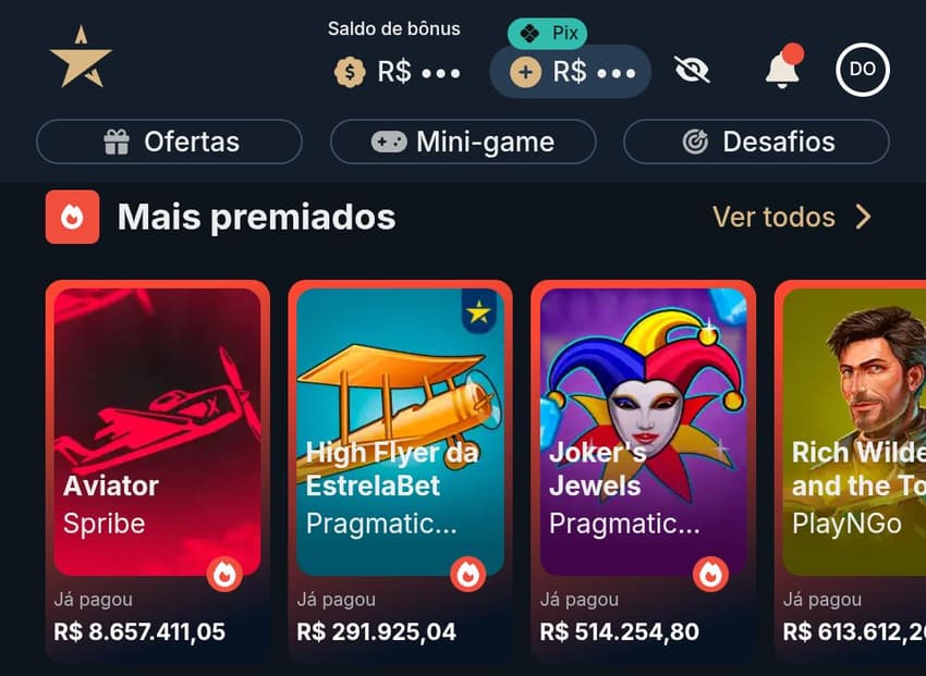 Captura de tela que mostra o Aviator Estrela Bet entre os jogos mais premiados.
