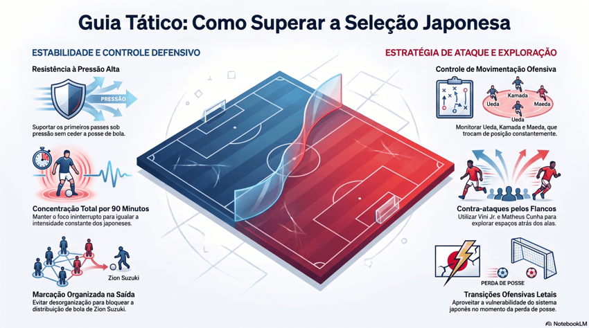 Arte com guia tático de como o Brasil pode superar o Japão e avançar às oitavas de final da Copa do Mundo de 2026
