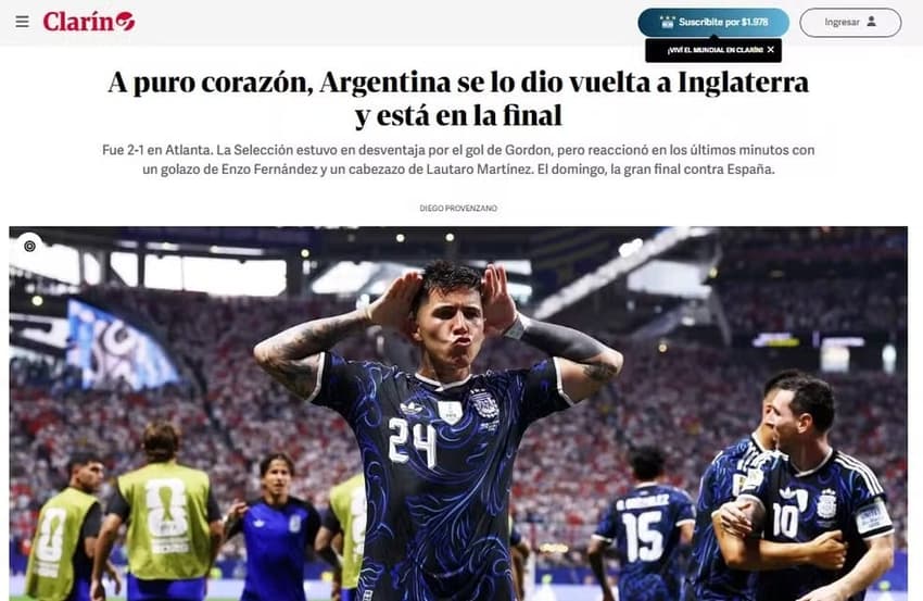 Capa do jornal Clarín da Argentina com a foto de Enzo Fernandez
