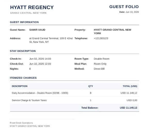 Fatura do Hyatt Regency, em Nova York, em nome de Samir Xaud