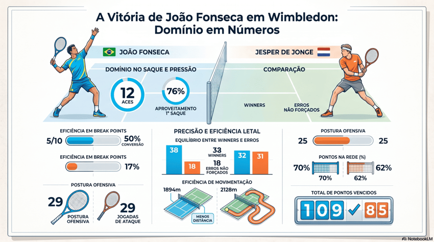 Gráfico mostra números da vitória de João Fonseca na segunda rodada de Wimbledon