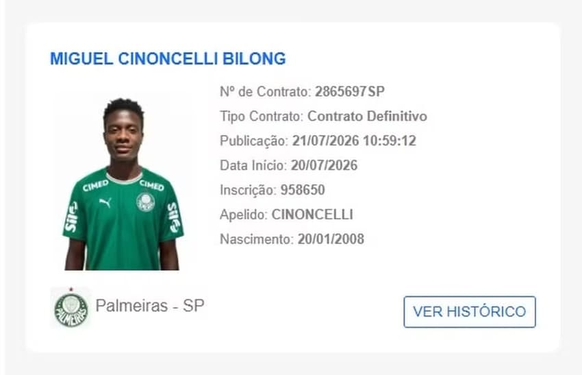 Miguel Bilong, do Palmeiras, é registrado no BID da CBF