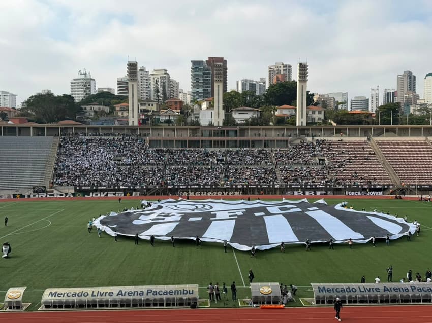 Bandeirão do Santos no gramado do Pacaembu. (Foto: Juliana Yamaoka/ Lance)