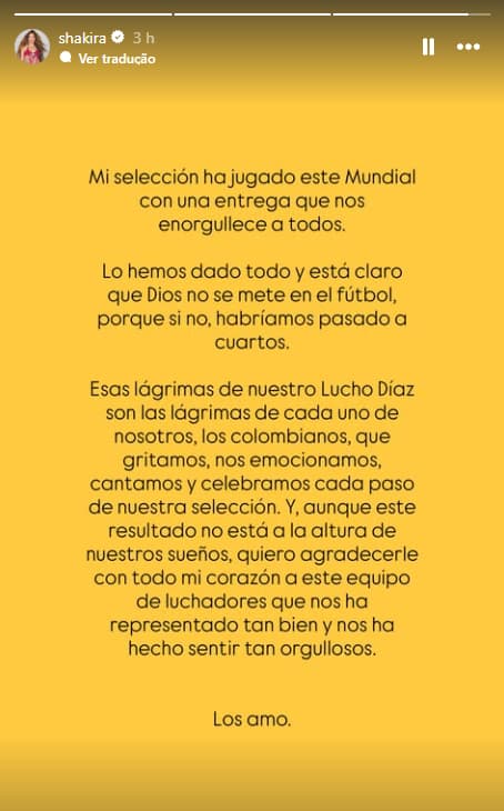 Post de Shakira via instagram