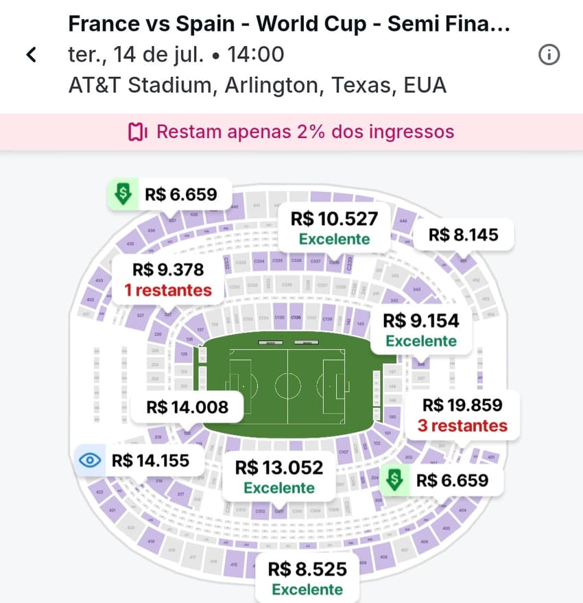Ingressos para França x Espanha, pela semifinal da Copa do Mundo