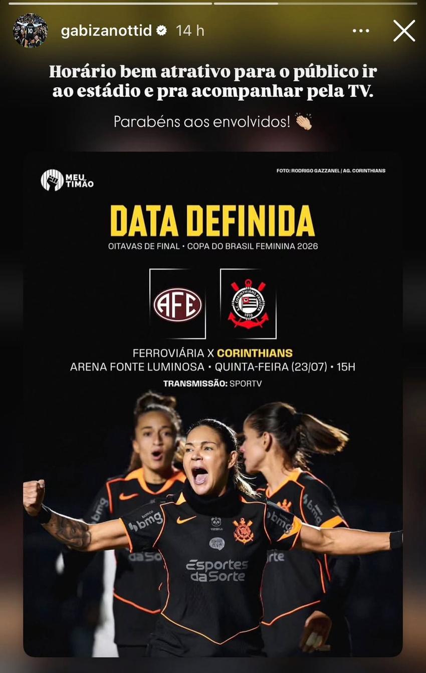 Gabi Zanotti, do Corinthians, critica horário de jogo contra a Ferroviária. (Reprodução/redes sociais)