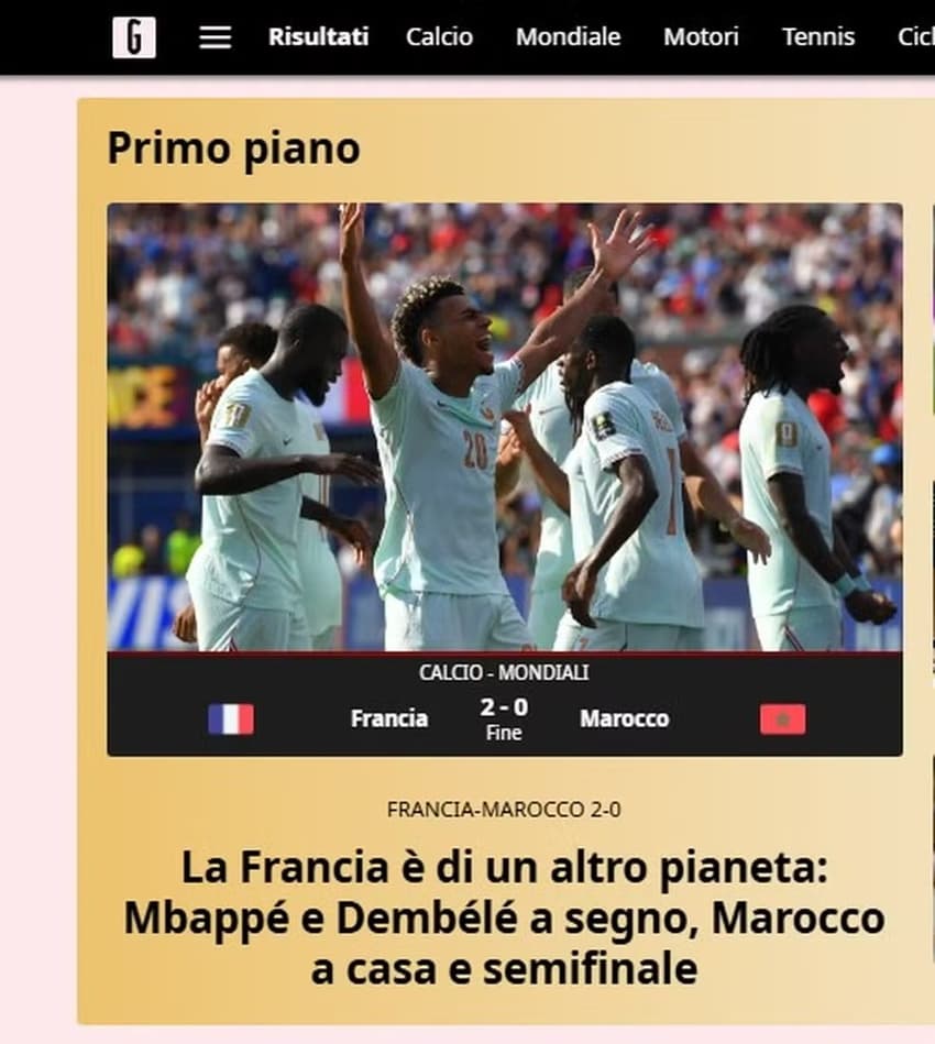 Capa do jornal Gazzetta Dello Sport (Itália) sobre a vitória francesa diante do Marrocos