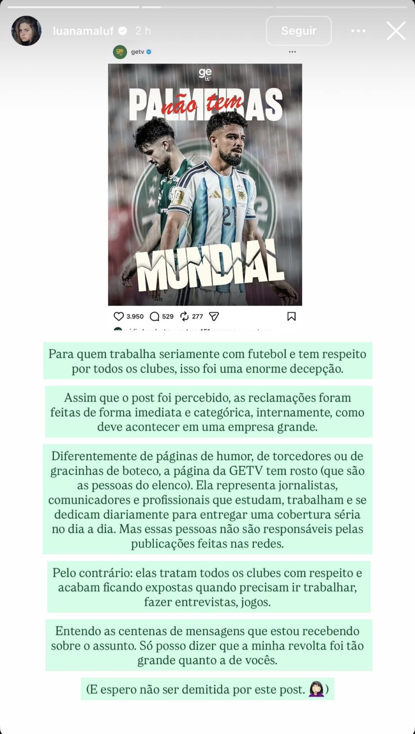 Luana Maluf, da GeTV, se posicionando após publicação da página