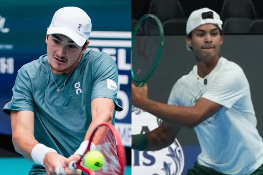 Colagem de fotos de João Fonseca, à esquerda, e Guto Miguel, à direita, jogando partidas pelo Masters 1000 de Miami e pelo UTS Rio, respectivamente