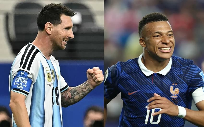 Montagem com Messi, à esquerda, vestindo camisa da Argentina, e Mbappé, à direita, vestindo a camisa da França